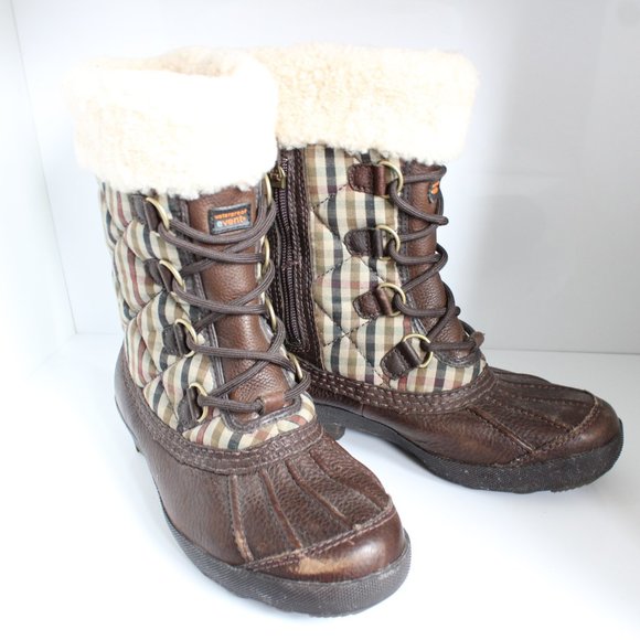 UGG Newberry Brown Leather Plaid Fabric Waterproof Boot Sheepskin Lining ~7~ - Picture 1 of 16
